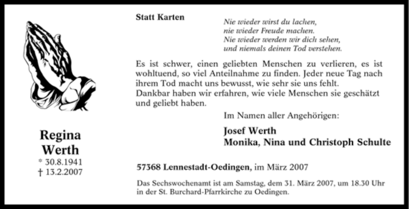  Traueranzeige für Regina Werth vom 28.03.2007 aus Tageszeitung
