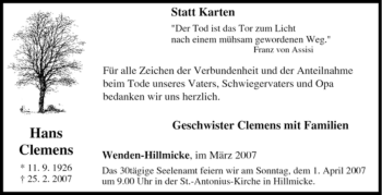 Traueranzeige von Hans Clemens von Tageszeitung