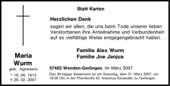 Traueranzeige von Maria Wurm von Tageszeitung