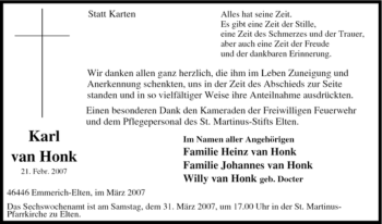 Traueranzeige von Karl van Honk von Tageszeitung