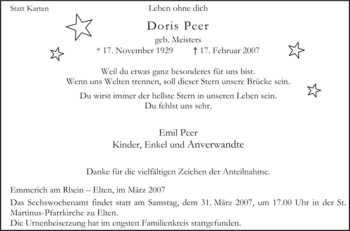 Traueranzeige von Doris Peer von Tageszeitung