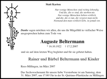 Traueranzeige von Auguste Beltermann von Tageszeitung