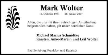 Traueranzeige von Mark Wolter von Tageszeitung