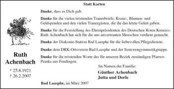 Traueranzeige von Ruth Achenbach von Tageszeitung