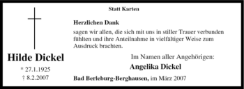 Traueranzeige von Hilde Dickel von Tageszeitung