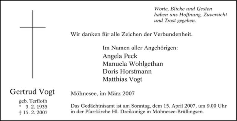  Traueranzeige für Gertrud Vogt vom 31.03.2007 aus Tageszeitung