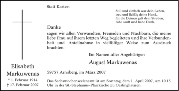 Traueranzeige von Elisabeth Markuwenas von Tageszeitung