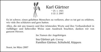 Traueranzeige von Karl Gärtner von Tageszeitung