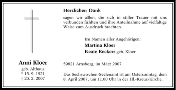 Traueranzeige von Anni Kloer von Tageszeitung
