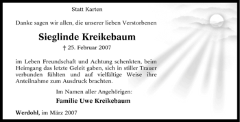 Traueranzeige von Sieglinde Kreikebaum von Tageszeitung