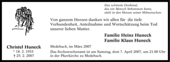 Traueranzeige von Christel Huneck von Tageszeitung
