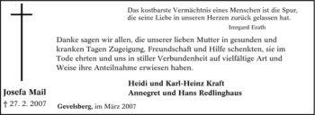 Traueranzeige von Josefa Mail von Tageszeitung