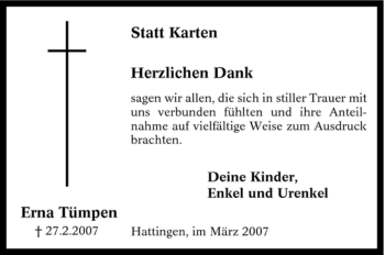 Traueranzeige von Erna Tümpen von Tageszeitung