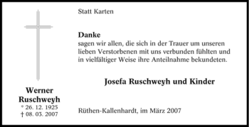 Traueranzeige von Werner Ruschweyh von Tageszeitung