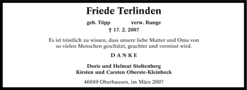  Traueranzeige für Friede Terlinden vom 31.03.2007 aus Tageszeitung