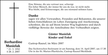 Traueranzeige von Berhardine Musielak von Tageszeitung