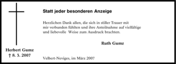 Traueranzeige von Herbert Gumz von Tageszeitung
