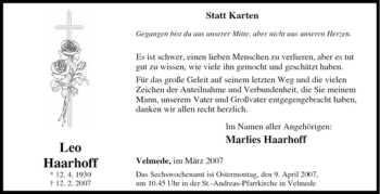 Traueranzeige von Leo Haarhoff von Tageszeitung