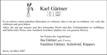 Traueranzeige von Karl Gärtner von Tageszeitung