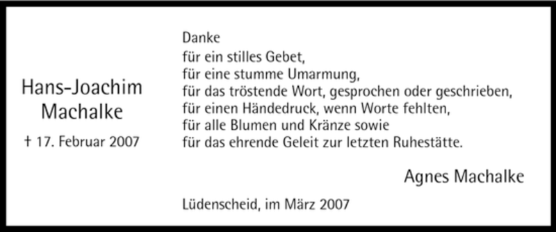  Traueranzeige für Hans-Joachim Machalke vom 31.03.2007 aus Tageszeitung