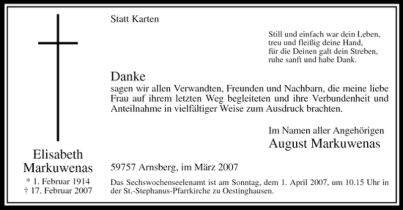  Traueranzeige für Elisabeth Markuwenas vom 31.03.2007 aus Tageszeitung
