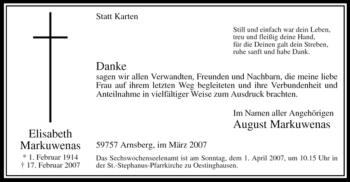 Traueranzeige von Elisabeth Markuwenas von Tageszeitung