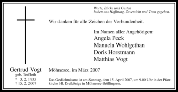 Traueranzeige von Gertrud Vogt von Tageszeitung