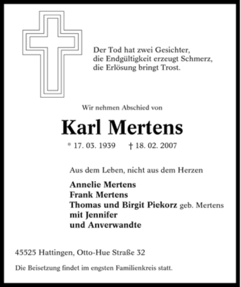Traueranzeige von Karl Mertens von Tageszeitung
