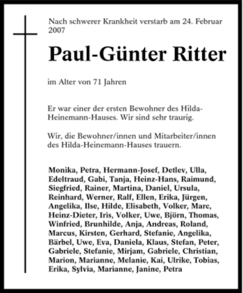 Traueranzeige von Paul-Günter Ritter von Tageszeitung