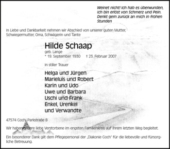 Traueranzeige von Hilde Schaap von Tageszeitung