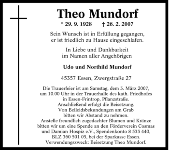 Traueranzeige von Theo Mundorf von Tageszeitung