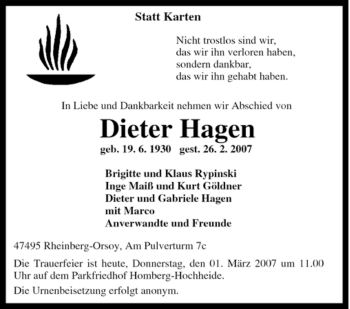 Traueranzeige von Dieter Hagen von Tageszeitung