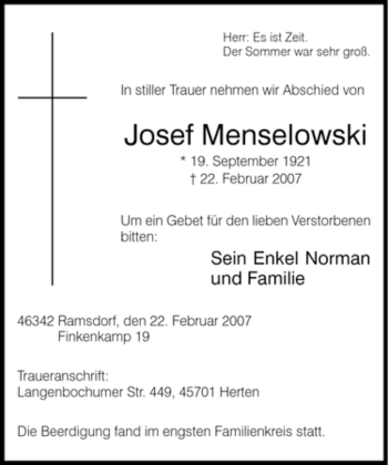 Traueranzeige von Josef Menselowski von Tageszeitung