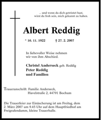 Traueranzeige von Albert Reddig von Tageszeitung