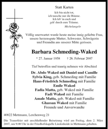 Traueranzeige von Barbara Schmeding-Waked von Tageszeitung