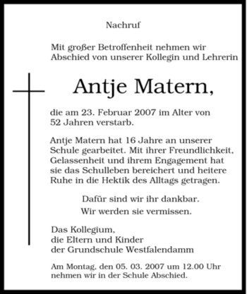 Traueranzeige von Antje Matern von Tageszeitung