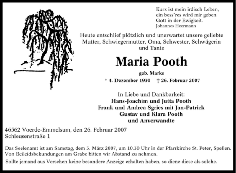 Traueranzeige für Maria Pooth vom 01.03.2007 aus Tageszeitung