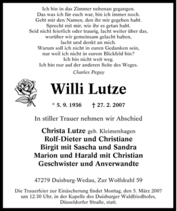 Traueranzeige von Willi Lutze von Tageszeitung