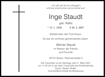 Traueranzeige von Inge Staudt von Tageszeitung