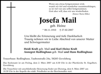 Traueranzeige von Josefa Mail von Tageszeitung