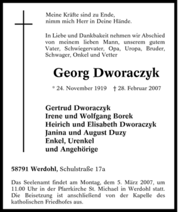 Traueranzeige von Georg Dworaczyk von Tageszeitung