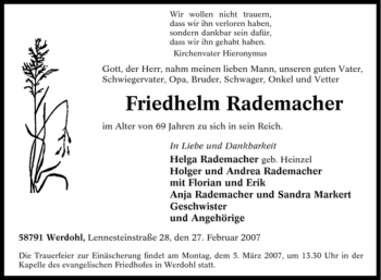 Traueranzeige von Friedhelm Rademacher von Tageszeitung