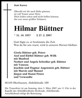 Traueranzeige von Hilmar Büttner von Tageszeitung