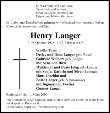 Traueranzeige von Henry Langer von Tageszeitung