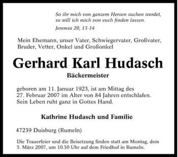 Traueranzeige von Gerhard Karl Hudasch von Tageszeitung