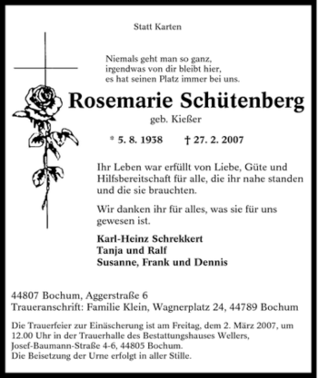 Traueranzeige von Rosemarie Schütenberg von Tageszeitung