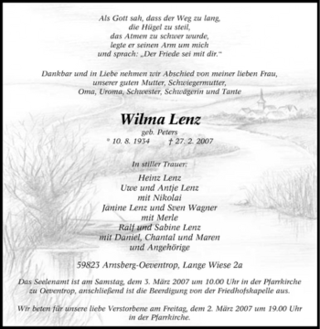 Traueranzeige von Wilma Lenz von Tageszeitung