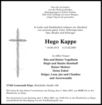 Traueranzeige von Hugo Kappe von Tageszeitung