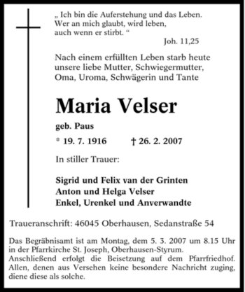 Traueranzeige von Maria Velser von Tageszeitung