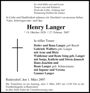 Traueranzeige von Henry Langer von Tageszeitung